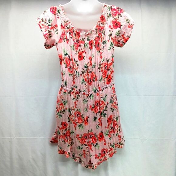 Bongo Floral Romper Smock Neckline+Waist 2 Pocket 100% Rayon Women's Large. Pink - Picture 3 of 11